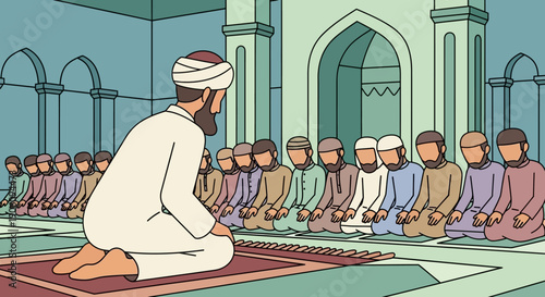 Muslim men praying in a mosque.