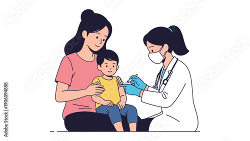 Child Vaccination: A doctor administers a vaccine to a young child, held comfortingly by the parent, within a medical setting.