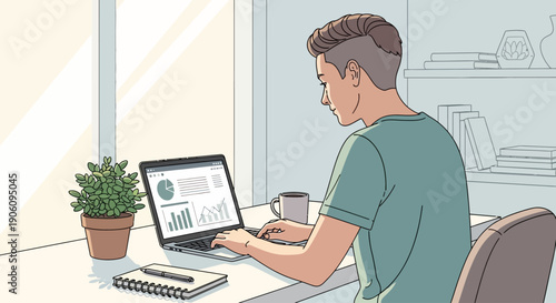 Man working on laptop at desk near window with plant, notebook, and books