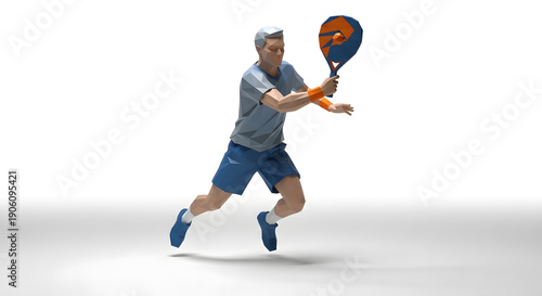 Man playing tennis on a white court, captured from a slight low-angle viewpoint, showcasing athletic movement and determination
