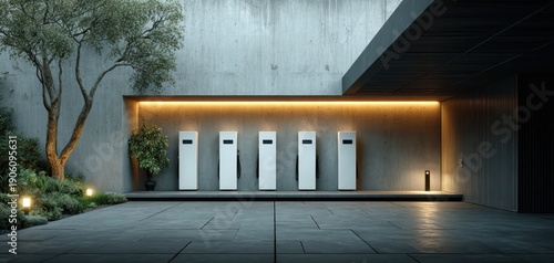 Modern Electric Vehicle Charging Station with Minimalist Design and Warm Ambient Lighting