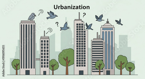 Urbanization concept with birds flying away from city skyscrapers and trees