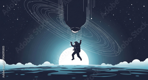 Paraglider soars through starry night sky with parachute towards glowing moon and clouds