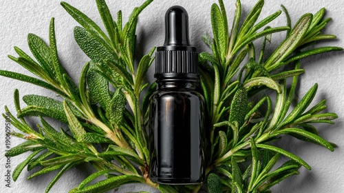 Dark glass dropper bottle with fresh rosemary sprigs natural herbal extract on neutral background