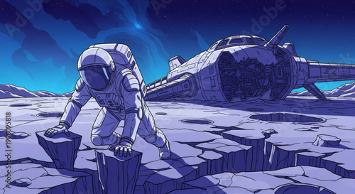 Astronaut exploring desolate alien landscape with crashed spaceship wreckage in background under dark blue sky
