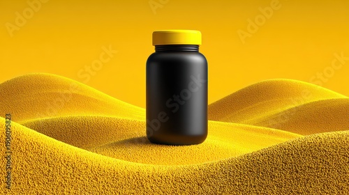 Black medicine bottle with yellow cap on textured yellow sand dunes against a vibrant yellow