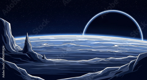 Glowing planet with rings in space rocky cliffs in foreground futuristic cosmic landscape with blue atmosphere and stars