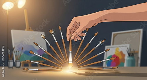 Artist's hand holding paintbrush with glowing light on desk with art supplies and paintings