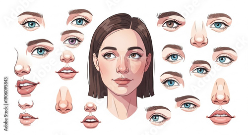 Facial features illustration woman's face with various eyes noses lips and expressions on white background