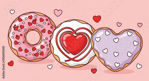 Three decorated heart shaped donuts with red and white frosting and sprinkles on pink background for valentine's day celebration