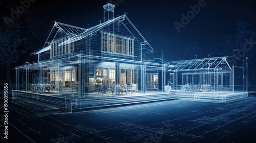 Blueprint visualization of a modern house design in a futuristic architectural rendering style