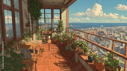 Serene Balcony Oasis Overlooking a Bustling Coastal City Under a Blue Sky