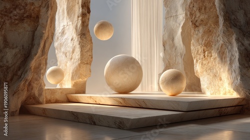 Ethereal Stone Sculptures and Floating Orbs in a Dramatic Architectural Setting