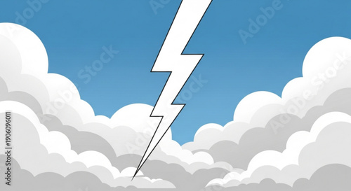 Electric stormy weather with lightning bolt striking down from blue sky with white clouds