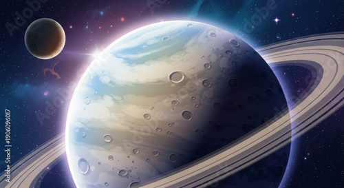 Saturn like planet with glowing rings and moons in deep space with stars