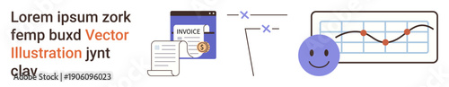 Accounting tools, financial planning, data analysis, productivity, workflow, communication. Features invoice, graph happy face and text. Accounting tools and financial planning