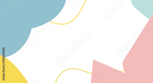 Abstract geometric shapes with curved lines on a white background, featuring blue, pink, and yellow elements in a modern digital illustration.
