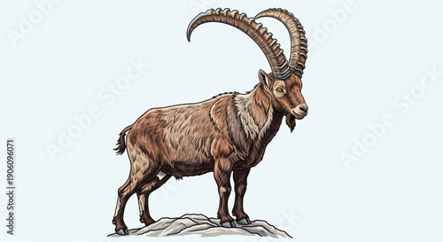 Majestic brown ibex with curved horns standing on rocky outcrop in profile view