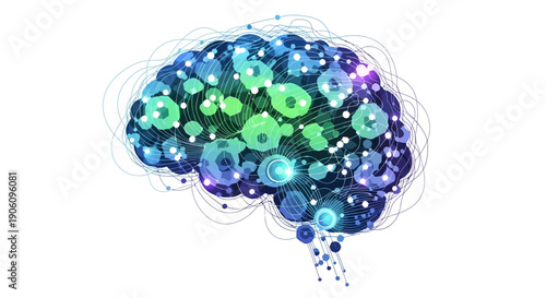 An abstract illustration of a human brain composed of colorful circles and orbs, symbolizing thought and intelligence, viewed from the side, in a clean and simple environment.