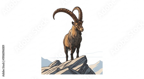 Majestic alpine goat standing on rocky mountain peak with large horns and brown fur in wilderness landscape