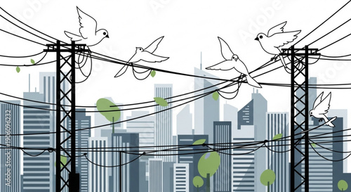 Doves flying around power lines with urban cityscape background and green trees