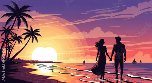 Couple holding hands walking on beach at sunset with palm trees and sailboats in distance