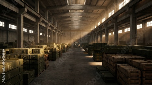 Wallpaper Mural Vast warehouse interior filled with stacked crates, dramatic sunbeams, industrial storage concept, cinematic atmosphere, hyper-realistic 3D rendering, no people. Torontodigital.ca