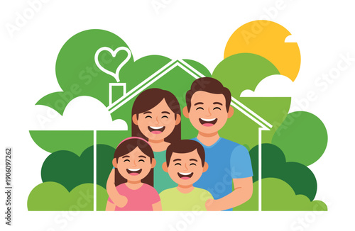 A happy family of four standing in front of their home surrounded by trees and a sunny sky