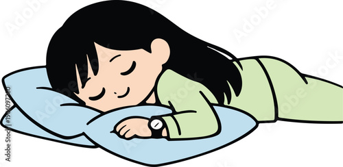 Young girl sleeping peacefully on a blue pillow, cute minimal vector illustration