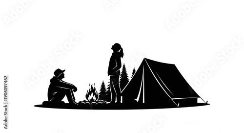 Two people camping with a tent and campfire in a wilderness setting.