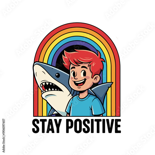 Boy Hugging Cartoon Shark Illustration Design.