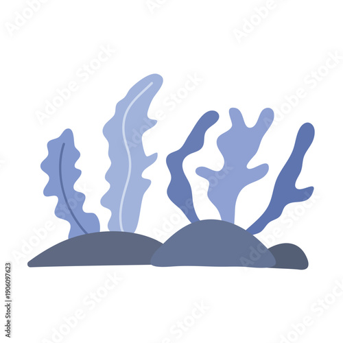 Blue coral reef and seaweed on dark rocks. Flat vector illustration for underwater ocean scenery decoration