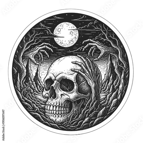 Detailed Illustration of Human Skull with Shadows.