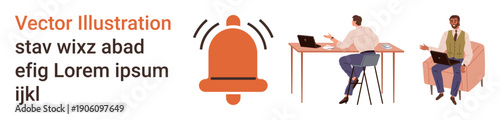 Notification systems, office communication, remote work, digital alert, online interaction, business environment. Two people working at desks with alert icon. Notification systems and office