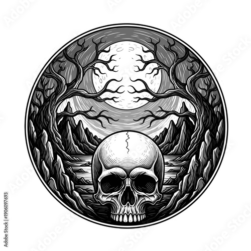 Detailed Black and White Skull Illustration.