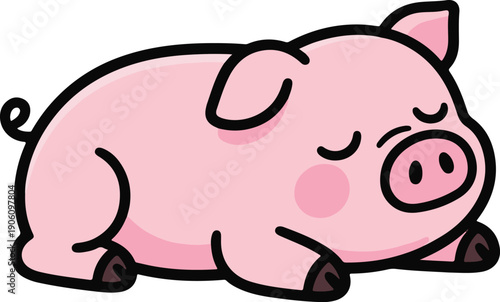 Sleeping pink pig with rosy cheeks and a curly tail, cute cartoon vector illustration