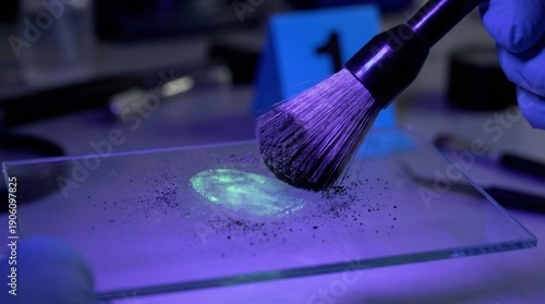 Close-up of a fingerprint dusted with powder on a glass surface, forensic investigation, ultraviolet lighting, evidence analysis, detailed texture and focus