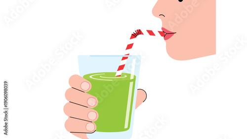Healthy green drink: Hand holding glass, person sips smoothie with striped straw illustration