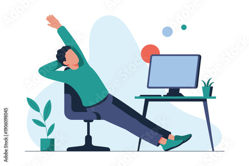 Office worker stretching at desk with plant nearby feeling relaxed and calm