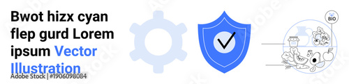 Cybersecurity, data protection, system optimization, online verification, digital safety, technology. Blue shield with checkmark, gear and characters. Cybersecurity and data protection