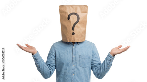 Person wearing a brown paper bag over their head with a large question mark drawn on it gesturing uncertainty on transparent background
