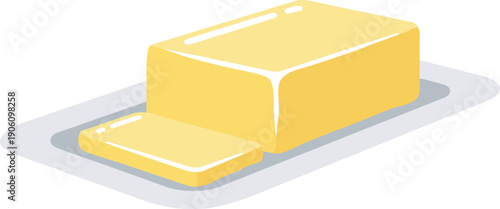 Rectangular block of yellow butter with a single slice on a grey plate, clean minimalist vector illustration