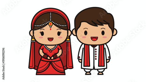 Cartoon Indian Bride and Groom Standing Together.