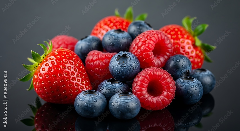 Obraz premium Close-up of mixed berries, featuring strawberries, raspberries, and blueberries with water droplets