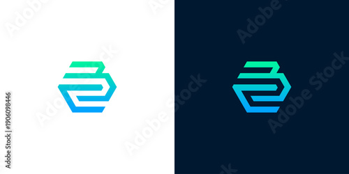 Hexagonal Bee-like Logo Design with Gradient Colors on White and Dark Backgrounds
