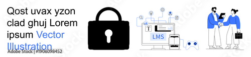 Cybersecurity, online education, teamwork, digital learning, technology, and data protection. Lock symbol, LMS system on screen two professionals collaborating. Cybersecurity and online education