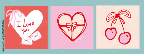 Valentine's Day doodle set, heart chocolate box, cherries with bow and love letter envelopes on teal background. Romantic hand drawn vector for stickers and Amore theme cards.