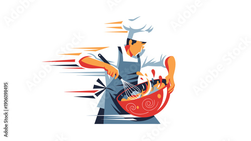 Dynamic Chef Whisking with Rat Partner, Fast Cooking Illustration