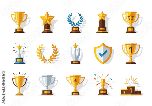 A diverse collection of flat design vector icons featuring golden trophies, awards, and victory symbols for success and achievement