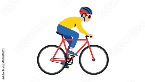 Cartoon cyclist riding a red bicycle with helmet and sunglasses